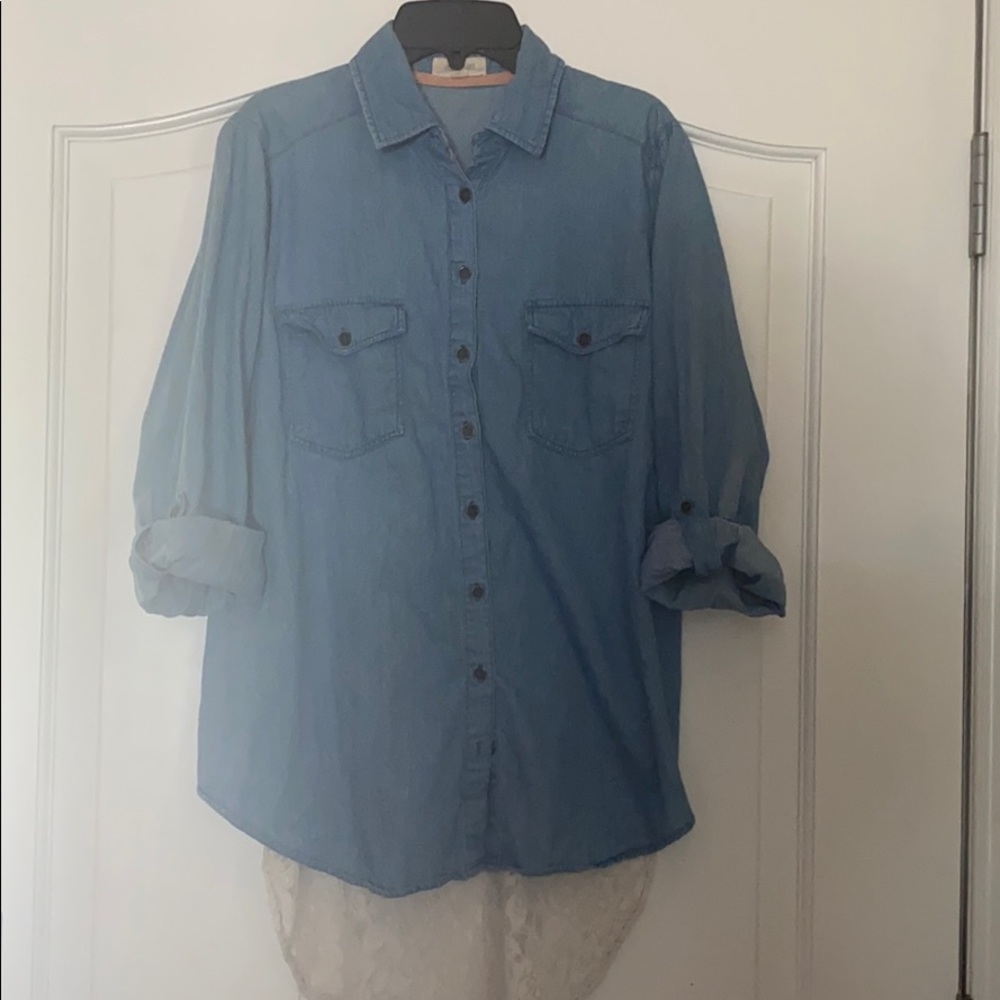Taylor & Sage Chambray with Lace Back Shirt Blouse